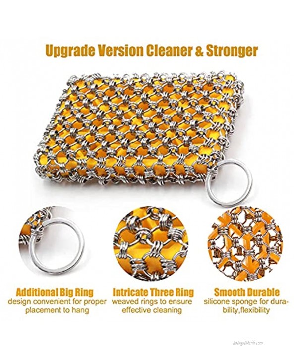 Cast Iron Scrubber & Cleaner Chainmail Scrubber with Silicone Insert 3 Ring Enhanced 4.4 x 3.2 inches Stainless Steel Scrubber for Skillet Wok Pot Pan