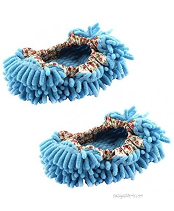 Microfiber Chenille Elastic Cuff Floor House Cleaning Mop Slippers Shoes Pair Blue