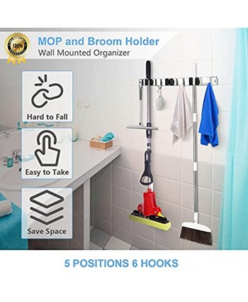 Broom and Mop Holder Wall Mount with Hooks Premium Stainless Steel Heavy Duty Utility Rack for Garage Tool Metal Hanger for Broom Closet Organization Storage Garden Laundry Room Outdoor