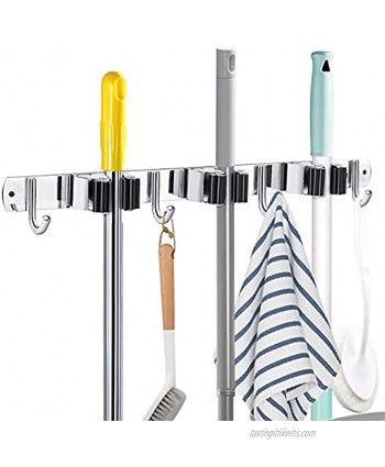 Broom and Mop Holder Wall Mount with Hooks Premium Stainless Steel Heavy Duty Utility Rack for Garage Tool Metal Hanger for Broom Closet Organization Storage Garden Laundry Room Outdoor