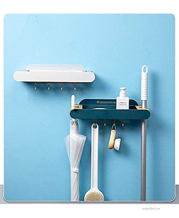 Mop Broom Holder Wall Mount Organizer Storage Broom Hooks Utility Racks Broom Organizer Wall Mounted for Garden Kitchen Home Laundry- with Slidable 2 Positions and 4 Hooks Blue