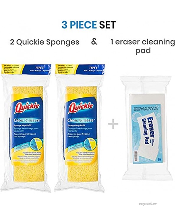 Quickie Sponge Mop Refill Type S [Set of 2] Sponge Mop Head Replacement Quickie Mop Pads Refills 9X2.75 Inch Quickie Mop Replacements #045 Made in USA Bundled Eraser Cleaning Pad