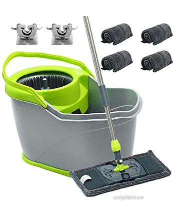 Microfiber 360° Spin Flat Mop Bucket Adjustable Handle Floor Cleaning System with Press Cleaning and Spin-Dry Two Deviceswith 4 Microfiber Replacement Head,2 Pcs Mop Holder