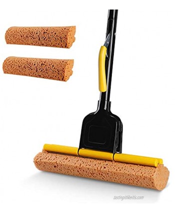 Yocada Sponge Mop Home Commercial Use Tile with Total 2 Sponge Head Floor Bathroom Garage Cleaning Easily Dry Wringing Iron Handle Pole 56.3Inch Model F-20