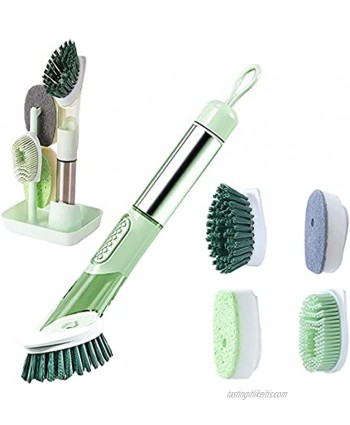 Soap Dispensing Dish Brush Set with Stainless Steel Handle Suzim No Leaking Soap Control Dish Brush with 1 Tray and 4 Replacement Heads Cleaning Brush for Kitchen Dishes Sink Pot Pan Cleaning