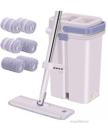 IKER Flat Floor Mop and Bucket Set with 6 Microfiber Mop Pads for Home Floor Cleaning Hands Free Squeeze Mop and Bucket with Wringer Set Separates Dirty and Clean Water Stainless Steel Handle