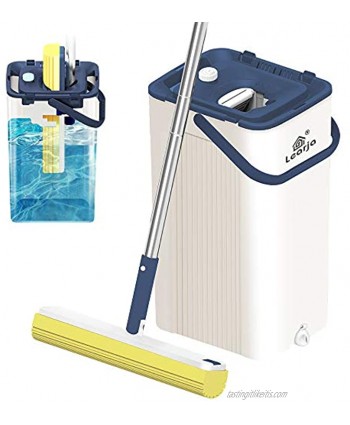 LEARJA Sponge Mop Single Bucket Self Wringer and Cleaning Super Absorbent Mop Extendable Handle Squeeze Compact Floor Mop Pail Easy Storage  Blue Bucket + Yellow Mop Head