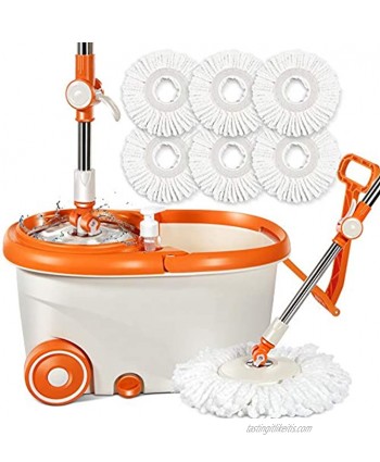 Microfiber Spin Mop and Bucket with Wringer Set with 7Pcs Mop Refills 6L Stainless Steel Mop Bucket System on Wheels for Home Kitchen Floor Cleaning