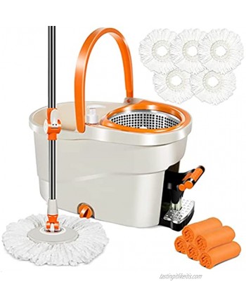 Spin Mop Bucket with Wringer Set by Foot Pedal 5PCS Microfiber Mop Refills and 5 Cleaning Cloths 6L Spin Mop Bucket System for Hardwood Laminate Tile Floors Cleaning