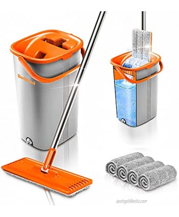 Worthland Flat Floor Mop and Bucket Set with Hands Free Squeeze Mop for Home Floor Cleaning Telescopic Stainless Steel Handle with 4 Washable and Reusable Microfiber Pads