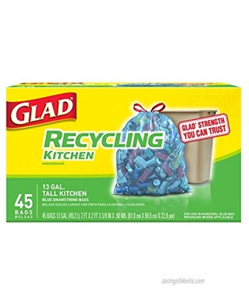 Glad Tall Kitchen Drawstring Recycling Bags 13 Gallon Blue Trash Bag 45 Count Each