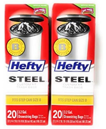 Hefty Steel Trash Bags 3.2 Gallon Drawstring Bags Custom Fit for Steel Step Can Size B 1.32 Gallon 5 Liter Round & Oval and 3 Gallon 12 Liter Round & Oval 2 Boxes of 20 Bags 40 Bags Total