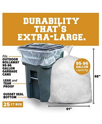 Plasticplace 95-96 Gallon Garbage Can Liners │ 1.5 Mil │ Clear Heavy Duty Trash Bags │ 61” X 68” 25Count