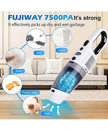 Handheld Cordless Vacuum Cleaner FUJIWAY 7500PA Strong Suction Wet Dry Use Portable Rechargeable Car Vacuum Cleaners with 120W Cyclonic Motor Hand Held Vac for Home Car Pet Hair And Office Cleaning
