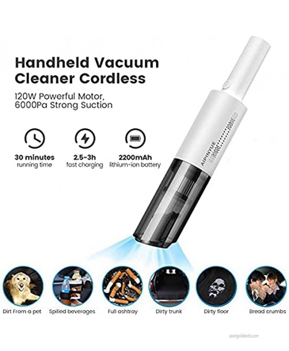Handheld Vacuum Cordless,Vacuum Cleaners with Powerful Suction Lightweight Hand Vacuum 5000 Pa Rechargeable 100 W Portable Wet Dry 2200mAH Hand Vac for Car Furnitures Home-W