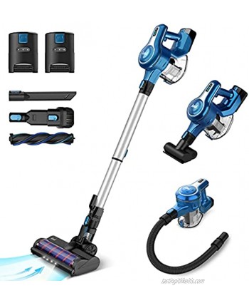 INSE S6P Cordless Vacuum Cleaner with 2 Batteries Up to 80min Run-time Rechargeable Stick Vacuum Lightweight Powerful Suction Handheld Vac for Hardwood Floor Carpet Pet Hair Car Bed Blue