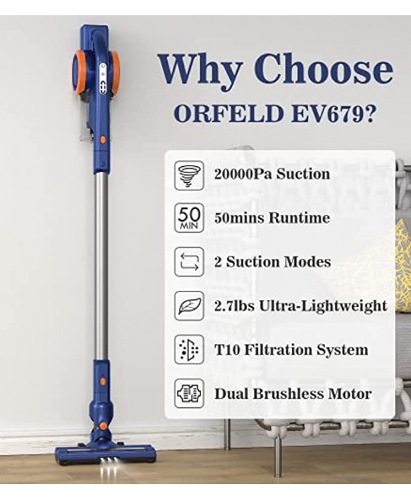 ORFELD Cordless Vacuum Cleaner 20000Pa Stick Vacuum 4 in 1 Lightweight Up to 50 Minutes Runtime with Dual Digital Motor for Deep Clean Whole House EV679
