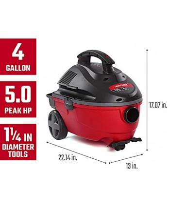 CRAFTSMAN 17612 4 Gallon 5.0 Peak HP Wet Dry Vac Portable Shop Vacuum with Attachments Red 9-17612,Gray