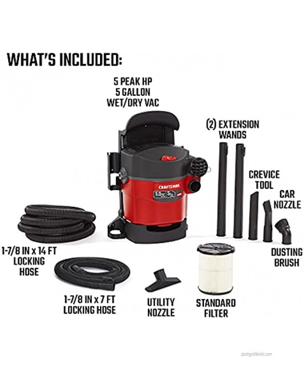 CRAFTSMAN CMXEVBE17925 5 Gallon 5.0 Peak HP Wet Dry Wall Vac Wall-Mounted Shop Vacuum with Attachments