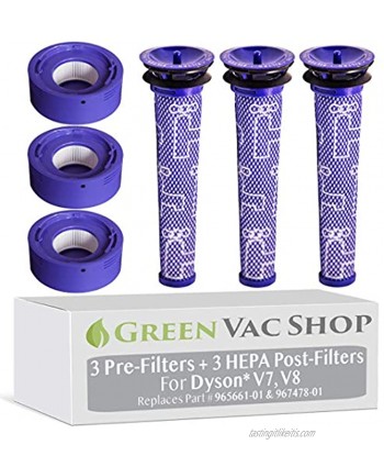 GreenVacShop 6pk Filter Set Replacement Compatible with Dyson V8+ V8 V7 Absolute Animal Motorhead Vacuum 3 Pre Filters & 3 HEPA Post Filters Replaces Part # 965661-01 & 967478-01