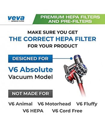 VEVA 6 Pack Premium Vacuum Filter Set with 3 Pre Filters and 3 HEPA Filters Compatible with Dyson V6 Absolute Vacuums Part # 965661 & 966741