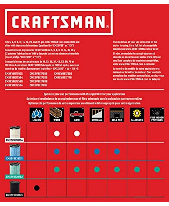 Craftsman CMXZVBE38773 Wet Application Filter for 5 to 20 Gallon Wet Dry Vacs and Shop Vacuums Black