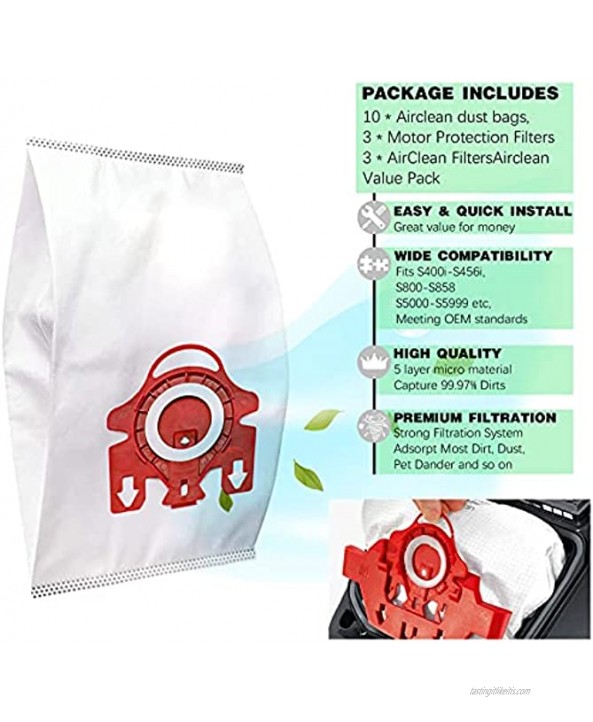 3D Airclean Dust Bags Replacement for Miele FJM Compact C2 Compact C1 Complete C1 S241 S290 S300i S500 S700 S4 S6 Series Pack of 10 with 3 Motor Protection Filters 3 AirClean Filters