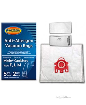 EnviroCare Replacement Anti-Allergen Bags for Miele Canisters Style F J M 5 Pack with 2 Filters White