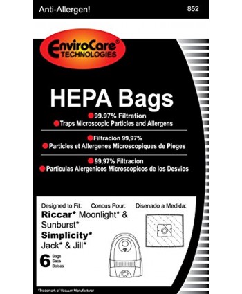 EnviroCare Replacement HEPA Filtration Vacuum Cleaner Dust Bags made to fit Riccar Moonlight and Sunburst. Simplicity Jack and Jill Canisters 6 pack