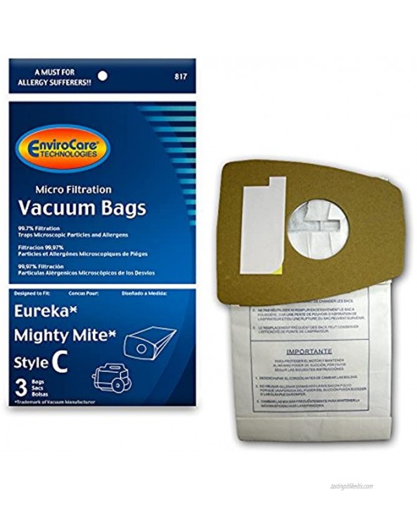 EnviroCare Replacement Micro Filtration Vacuum Cleaner Dust Bags Designed to fit Eureka Type C Mighty Mite Canisters 3 Pack