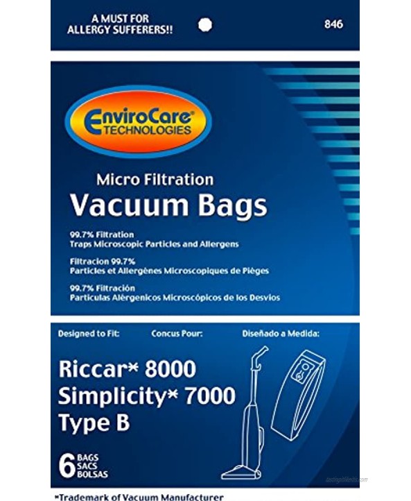 EnviroCare Replacement Micro Filtration Vacuum Cleaner Dust Bags made to fit Riccar 8000 Simplicity 7000 Type B 6 pack