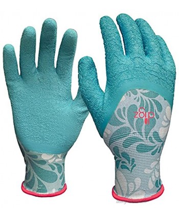 Digz Long Cuff Stretch Knit Garden Gloves with Full Finger Latex Coating | Color: Blue Leaves Pattern | Size: Small