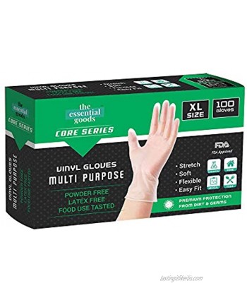 Essential Goods Disposable Vinyl Gloves| Non Latex Powder Free Ultra Strong Clear | Food Multi-purpose and Cleaning safe