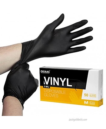 OKIAAS Black Disposable Gloves Medium Vinyl Gloves Disposable Latex Free 5 mil 50 Count for Food Prep Household Cleaning Hair Dye Tattoo