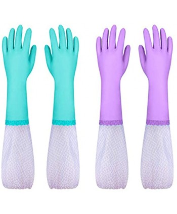 Reusable Dishwashing Cleaning Gloves with Latex Free Long Cuff,Cotton Lining,Kitchen Gloves 2 Pairs Large Purple+Blue