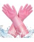Silicone Dishwashing Gloves Reusable Rubber Scrubbing Cleaning Gloves Brush Scrubber Glove with Elastic Cuff Waterproof for Washing Kitchen Car and Pet Care Medium Pink