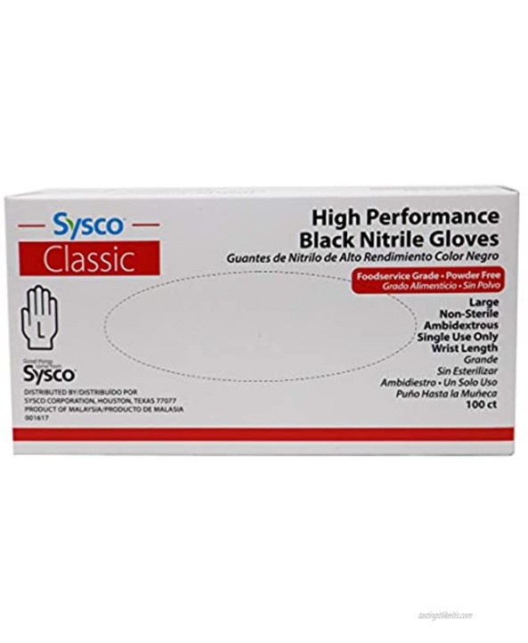 Sysco Nitrile High Performance Gloves Powder Free Food Grade Disposable 100 Gloves Pack Large Black