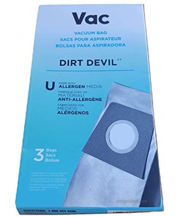 Dirt Devil Bags Type U with Allergen Media for Upright Vacuum Cleaners AA15071 3 Pack White