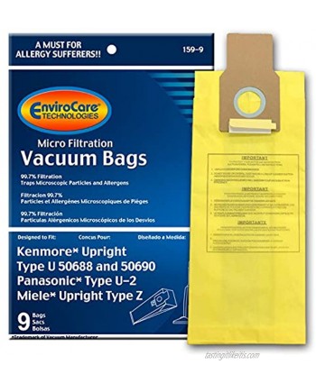 EnviroCare Replacement Vacuum Bags for Kenmore Upright Type U L O 50688 and 50690 Panasonic Type U-2 Miele Type Z. 9 Pack