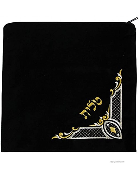 Majestic Giftware Gift Tallis Bag Velvet Embroidery Corner Design 12.5 x 11.5 Black Gold Silver