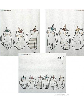 Mixed Caticorn Set of 3 Cloths one of Each Design Swedish Dishcloths | ECO Friendly Absorbent Cleaning Cloth | Reusable Cleaning Wipes