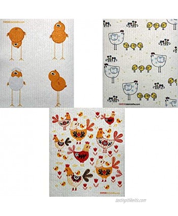Mixed Chickens Set of 3 Swedish Dishcloths One of Each Design | ECO Friendly Absorbent Cleaning Cloth | Reusable Cleaning Wipes