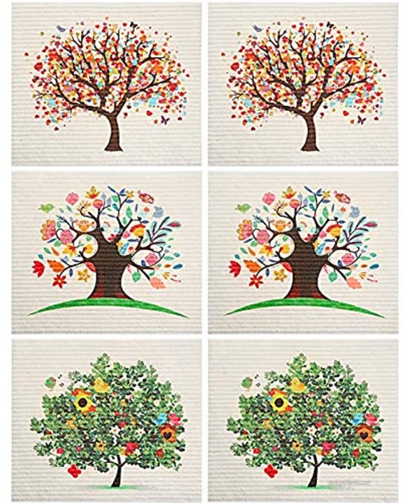 Mixed Trees Swedish Dishcloths Washable Reusable Absorbent Cleaning Cloth Set No Odor Cleaning Wipes Dish Towels for Kitchen Bar Counter 6