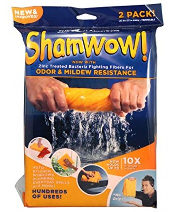 ShamWow- New & Improved Super Absorbent Multipurpose Cleaning Cloth Chamois Towel- Zinc Treated Odor & Mildew Resistance Fibers 2 Pack