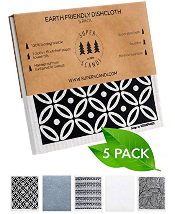 SUPERSCANDI Swedish Dishcloths Eco Friendly Reusable Sustainable Biodegradable Cellulose Sponge Cleaning Cloths for Kitchen Dish Rags Washing Wipes Paper Towel Replacement 5 Pack Scandi Prints