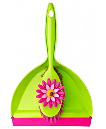 Vigar Flower Power Dust Pan and Brush Handy Set 12-3 4-Inches Green Pink