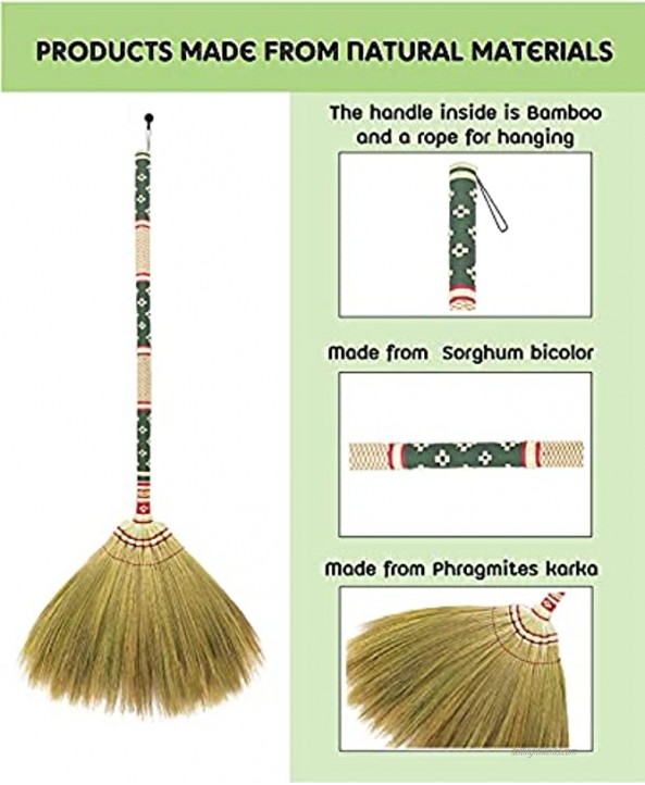 Broom Multi-Surface L.39-40 Inch ,Natural Grass Broom with Bamboo Handled Indoor Outdoor Smooth & Hard Floor Sweeping Cleaning Tool Unique Handmade Craft Broom Design for Home Kitchen Bedroom