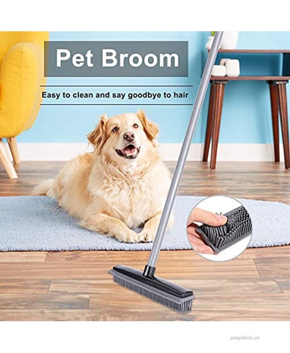 Push Broom Soft Bristle Rubber Sweeper Squeegee Edge with 59 inches Adjustable Long Handle Rubber Broom for Hair Pet Dog Hardwood Floor Carpet