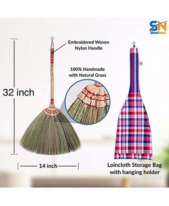 SKENNOVA Short Grass Broom 32-inch Bamboo Stick Embroidered Woven Nylon Thread Top and Bottom Handle Hand Grip Sweeper Grass Housewarming Gifts
