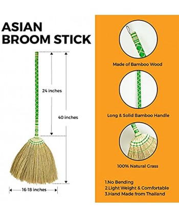 SN SKENNOVA Asian Broom Thai Pattern Vintage Retro Natural Grass Broom Handmade Green